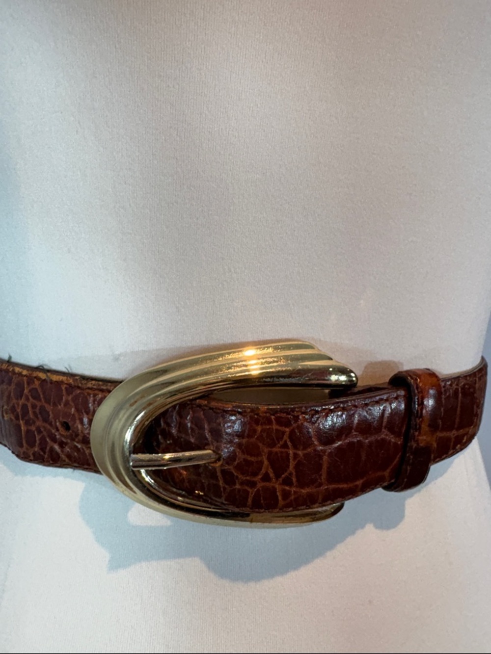 Vintage Liz Claiborne Croc Embossed Leather Belt Brown Gold Buckle Small Petite